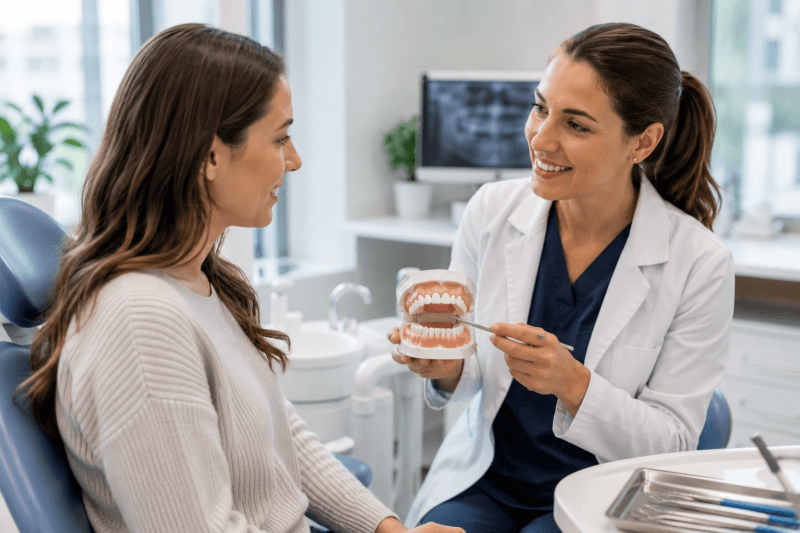 Dentist explaining oral microbiome support and gum health to an adult patient.