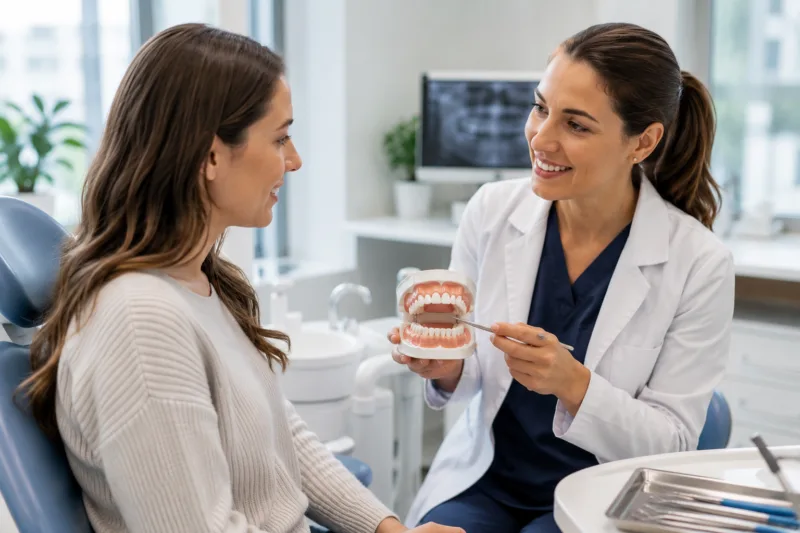 Dentist explaining oral microbiome support and gum health to an adult patient.