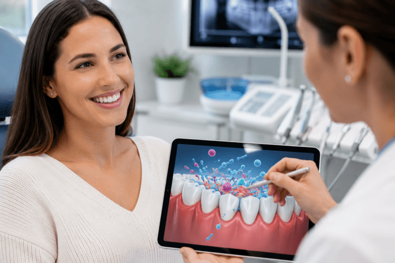 Healthy gums and oral microbiome explained during a dental consultation