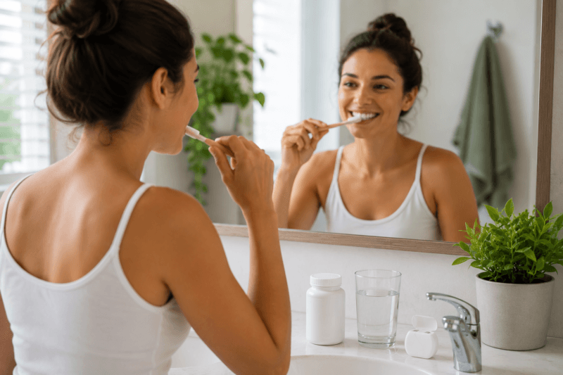 Daily oral hygiene routine supporting healthy teeth and gums with oral probiotics
