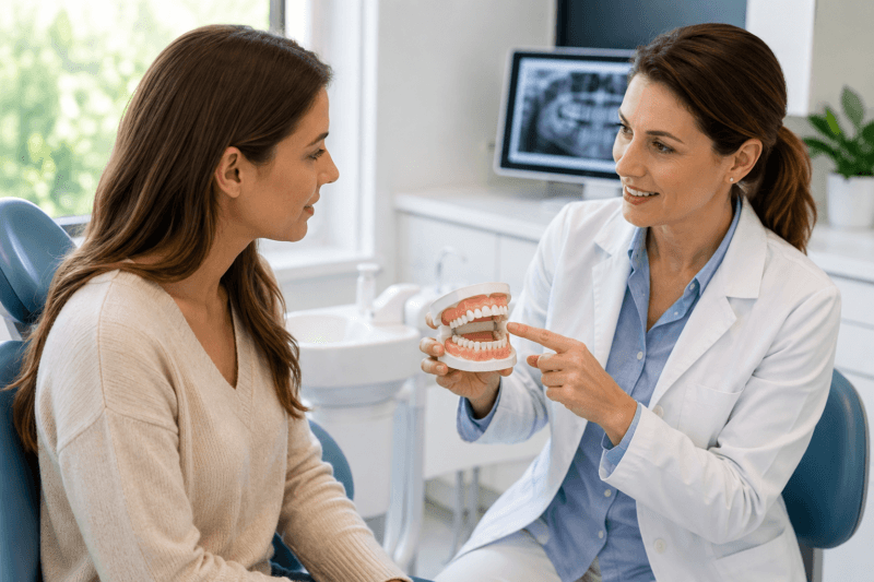 Dentist explaining oral probiotic safety and gum health to an adult patient
